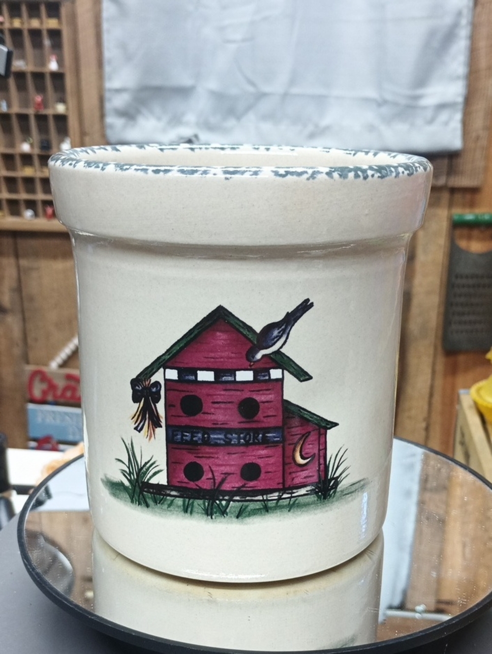 Home And Garden Party. Ceramic Birdhouse Crock Planter in Cream with Red Accent